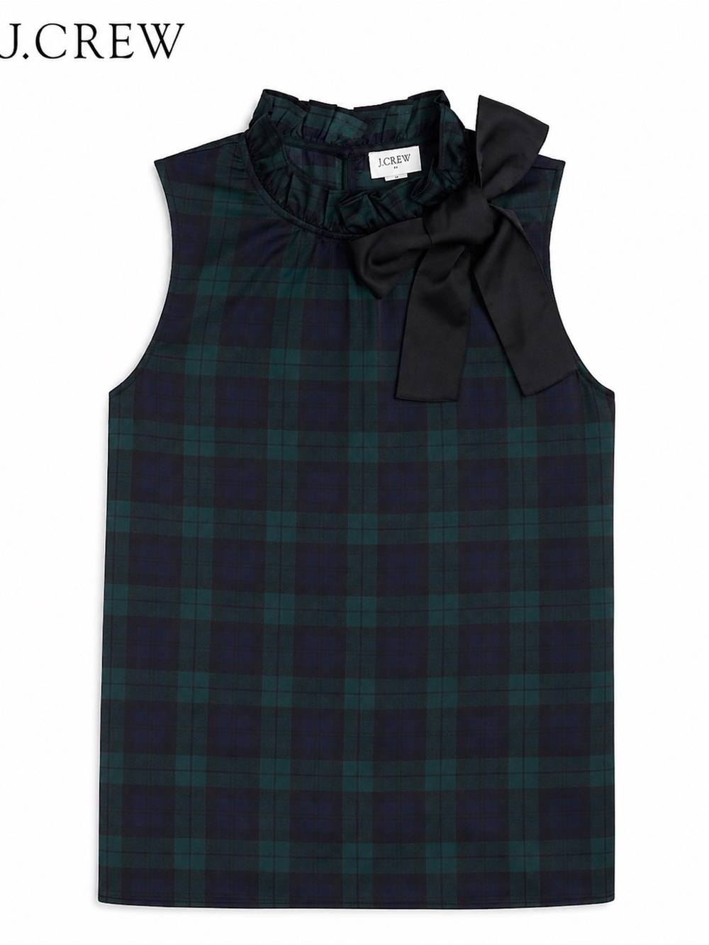 NWT J. Crew Black Watch Plaid Bow-Neck Ruffle Top Size XS